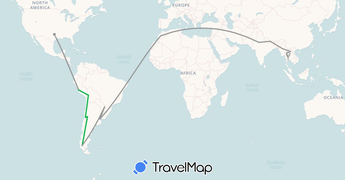 TravelMap itinerary: driving, bus, plane in Argentina, Bolivia, Chile, India, Laos, Morocco, Myanmar (Burma), Nepal, Peru, Thailand, United States (Africa, Asia, North America, South America)